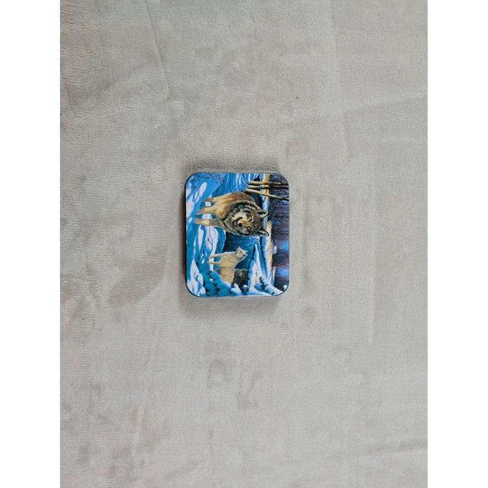 Wolf Pack Winter Snow Scene Metal Storage Tin Small Keepsake Box Blue White